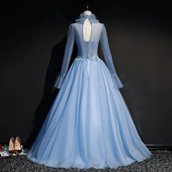 Vintage / Retro Sky Blue See-through Prom Dresses 2019 Ball Gown High Neck Long Sleeve Appliques Lace Beading Pearl Floor-Length / Long Ruffle Backless Formal Dresses