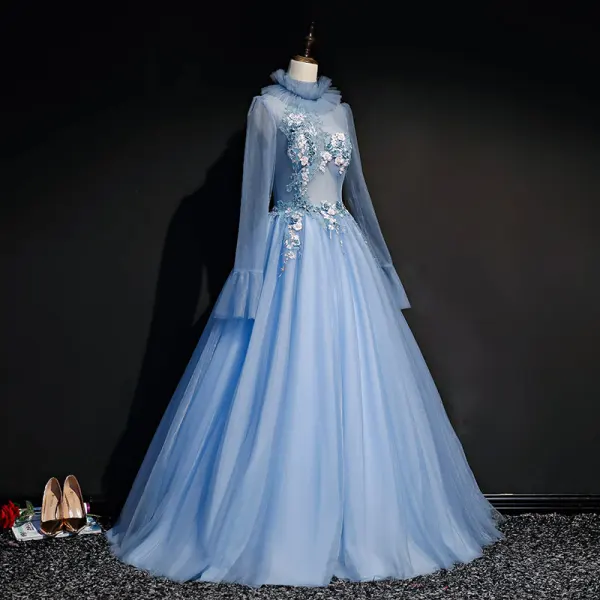 Vintage / Retro Sky Blue See-through Prom Dresses 2019 Ball Gown High Neck Long Sleeve Appliques Lace Beading Pearl Floor-Length / Long Ruffle Backless Formal Dresses