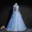 Vintage / Retro Sky Blue See-through Prom Dresses 2019 Ball Gown High Neck Long Sleeve Appliques Lace Beading Pearl Floor-Length / Long Ruffle Backless Formal Dresses