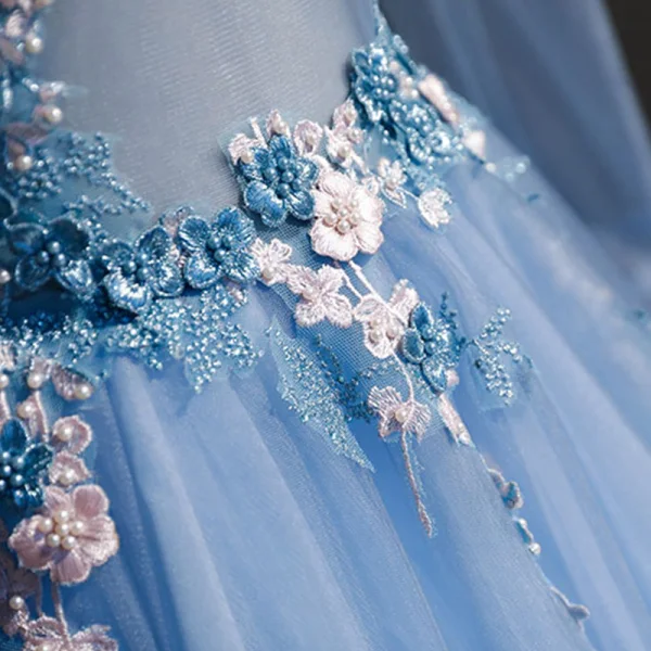 Vintage / Retro Sky Blue See-through Prom Dresses 2019 Ball Gown High Neck Long Sleeve Appliques Lace Beading Pearl Floor-Length / Long Ruffle Backless Formal Dresses