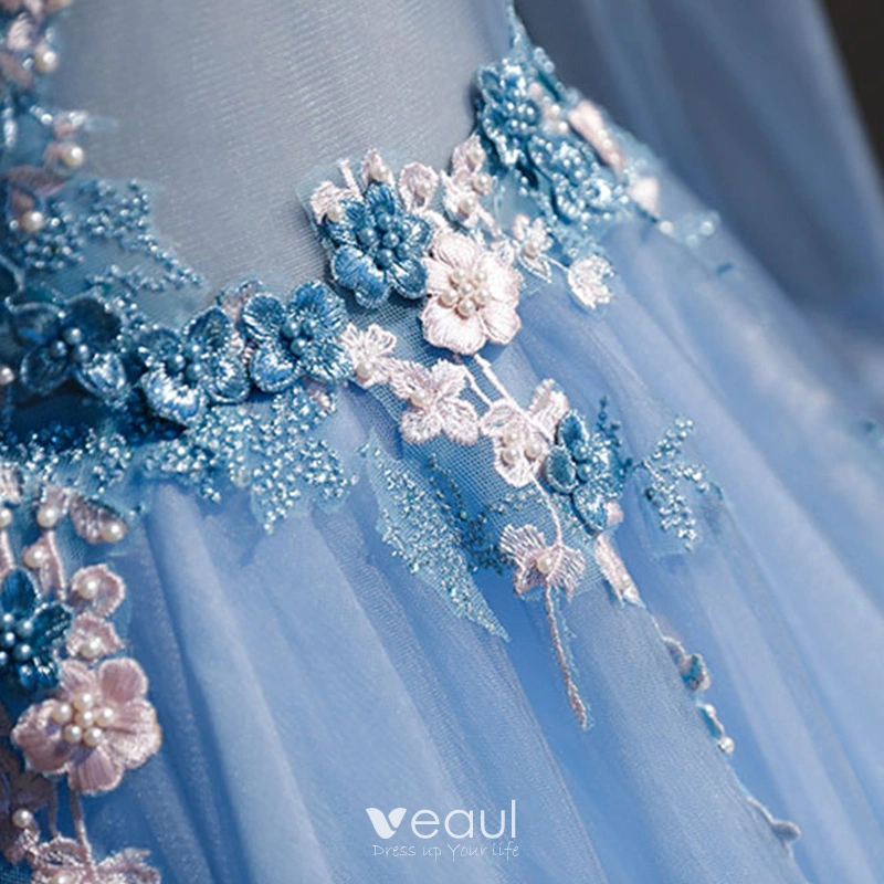 Vintage / Retro Sky Blue See-through Prom Dresses 2019 Ball Gown High Neck Long Sleeve Appliques Lace Beading Pearl Floor-Length / Long Ruffle Vintage / Retro Sky Blue See-through Prom Dresses 2019 Ball Gown High Neck Long Sleeve Appliques Lace Beading Pearl Floor-Length / Long Ruffle