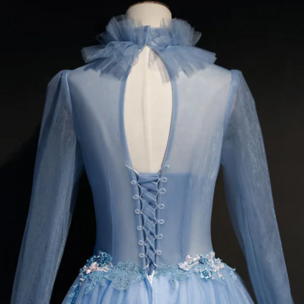 Vintage / Retro Sky Blue See-through Prom Dresses 2019 Ball Gown High Neck Long Sleeve Appliques Lace Beading Pearl Floor-Length / Long Ruffle Backless Formal Dresses
