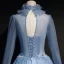 Vintage / Retro Sky Blue See-through Prom Dresses 2019 Ball Gown High Neck Long Sleeve Appliques Lace Beading Pearl Floor-Length / Long Ruffle Backless Formal Dresses