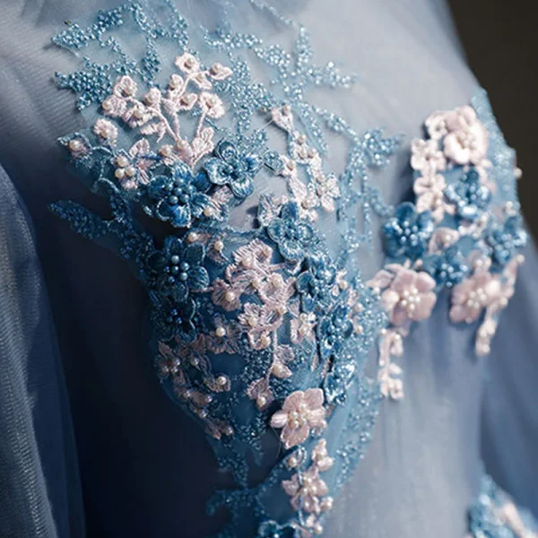 Vintage / Retro Sky Blue See-through Prom Dresses 2019 Ball Gown High Neck Long Sleeve Appliques Lace Beading Pearl Floor-Length / Long Ruffle Backless Formal Dresses
