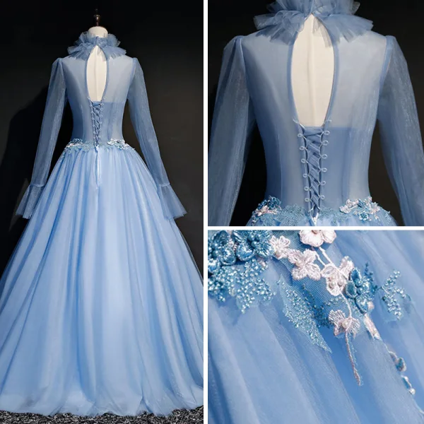 Vintage / Retro Sky Blue See-through Prom Dresses 2019 Ball Gown High Neck Long Sleeve Appliques Lace Beading Pearl Floor-Length / Long Ruffle Backless Formal Dresses