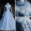 Vintage / Retro Sky Blue See-through Prom Dresses 2019 Ball Gown High Neck Long Sleeve Appliques Lace Beading Pearl Floor-Length / Long Ruffle Backless Formal Dresses
