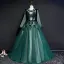 Illusion Dark Green See-through Prom Dresses 2019 Ball Gown Scoop Neck Long Sleeve Appliques Lace Floor-Length / Long Ruffle Backless Formal Dresses