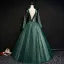 Illusion Dark Green See-through Prom Dresses 2019 Ball Gown Scoop Neck Long Sleeve Appliques Lace Floor-Length / Long Ruffle Backless Formal Dresses