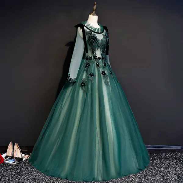 Illusion Dark Green See-through Prom Dresses 2019 Ball Gown Scoop Neck Long Sleeve Appliques Lace Floor-Length / Long Ruffle Backless Formal Dresses