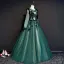 Illusion Dark Green See-through Prom Dresses 2019 Ball Gown Scoop Neck Long Sleeve Appliques Lace Floor-Length / Long Ruffle Backless Formal Dresses