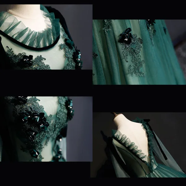 Illusion Dark Green See-through Prom Dresses 2019 Ball Gown Scoop Neck Long Sleeve Appliques Lace Floor-Length / Long Ruffle Backless Formal Dresses