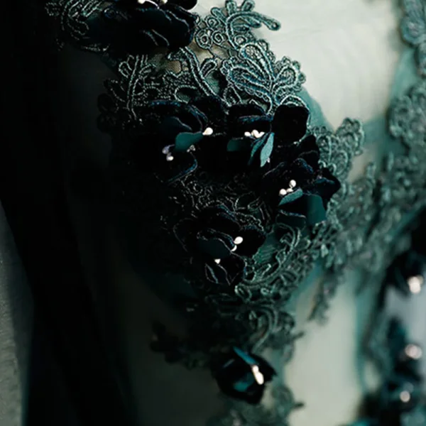 Illusion Dark Green See-through Prom Dresses 2019 Ball Gown Scoop Neck Long Sleeve Appliques Lace Floor-Length / Long Ruffle Backless Formal Dresses