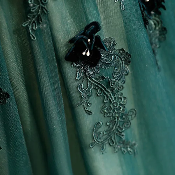 Illusion Dark Green See-through Prom Dresses 2019 Ball Gown Scoop Neck Long Sleeve Appliques Lace Floor-Length / Long Ruffle Backless Formal Dresses