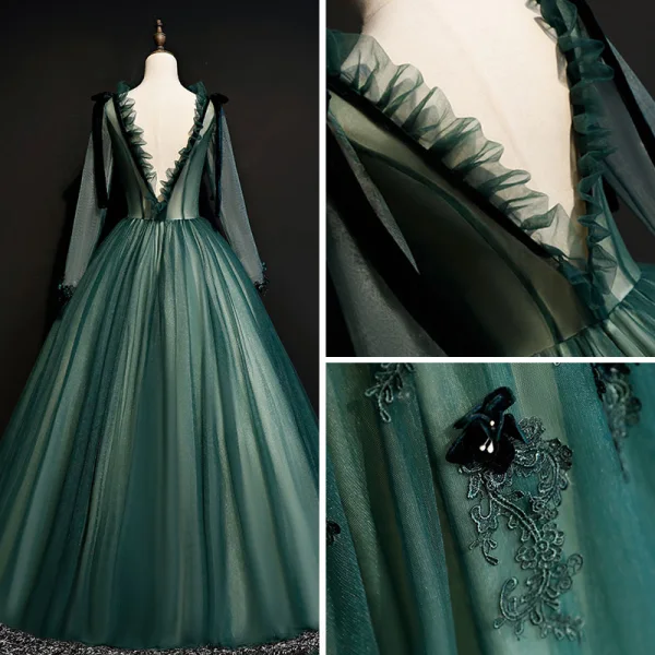 Illusion Dark Green See-through Prom Dresses 2019 Ball Gown Scoop Neck Long Sleeve Appliques Lace Floor-Length / Long Ruffle Backless Formal Dresses