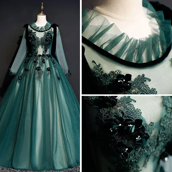 Illusion Dark Green See-through Prom Dresses 2019 Ball Gown Scoop Neck Long Sleeve Appliques Lace Floor-Length / Long Ruffle Backless Formal Dresses