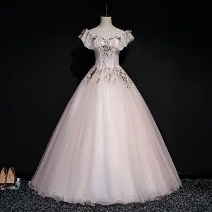 Eleganta Pärla Rosa Balklänningar 2019 Balklänning Fyrkantig Ringning Korta Ärm Appliqués Spets Pärla Långa Ruffle Halterneck Formella Klänningar