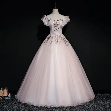 Élégant Perle Rose Robe De Bal 2019 Robe Boule Encolure Carrée Manches Courtes Appliques En Dentelle Perle Longue Volants Dos Nu Robe De Ceremonie