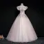 Elegant Pearl Pink Prom Dresses 2019 Ball Gown Square Neckline Short Sleeve Appliques Lace Pearl Floor-Length / Long Ruffle Backless Formal Dresses
