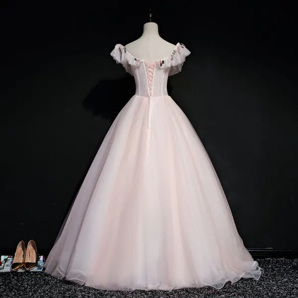 Elegant Pearl Pink Prom Dresses 2019 Ball Gown Square Neckline Short Sleeve Appliques Lace Pearl Floor-Length / Long Ruffle Backless Formal Dresses