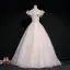 Elegant Pearl Pink Prom Dresses 2019 Ball Gown Square Neckline Short Sleeve Appliques Lace Pearl Floor-Length / Long Ruffle Backless Formal Dresses