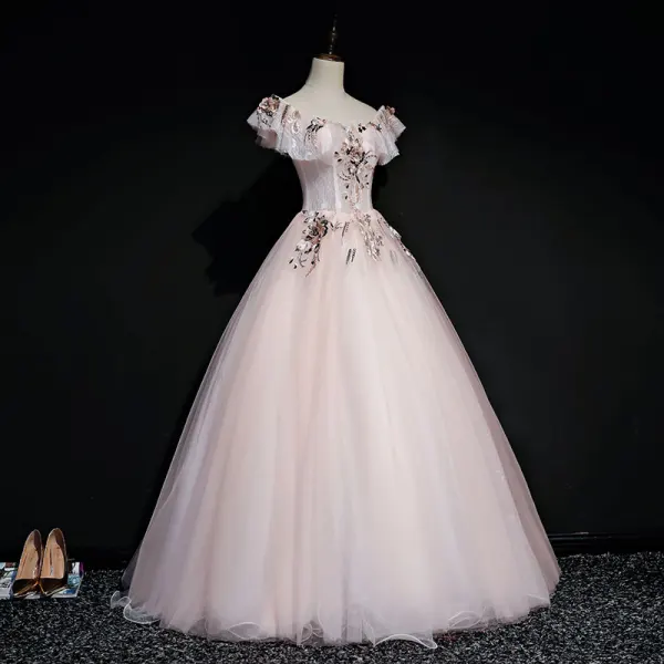 Elegant Pearl Pink Prom Dresses 2019 Ball Gown Square Neckline Short Sleeve Appliques Lace Pearl Floor-Length / Long Ruffle Backless Formal Dresses