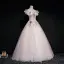 Elegant Pearl Pink Prom Dresses 2019 Ball Gown Square Neckline Short Sleeve Appliques Lace Pearl Floor-Length / Long Ruffle Backless Formal Dresses