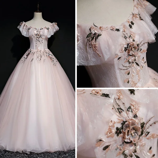 Elegant Pearl Pink Prom Dresses 2019 Ball Gown Square Neckline Short Sleeve Appliques Lace Pearl Floor-Length / Long Ruffle Backless Formal Dresses