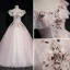 Elegant Pearl Pink Prom Dresses 2019 Ball Gown Square Neckline Short Sleeve Appliques Lace Pearl Floor-Length / Long Ruffle Backless Formal Dresses