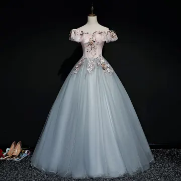 Moderne Mode Perle Rose Gris Robe De Bal 2019 Robe Boule De L Épaule Manches Courtes Appliques En Dentelle Perle Longue Volants Dos Nu Robe De Ceremonie