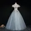 Modern / Fashion Pearl Pink Grey Prom Dresses 2019 Ball Gown Off-The-Shoulder Short Sleeve Appliques Lace Pearl Floor-Length / Long Ruffle Backless Formal Dresses