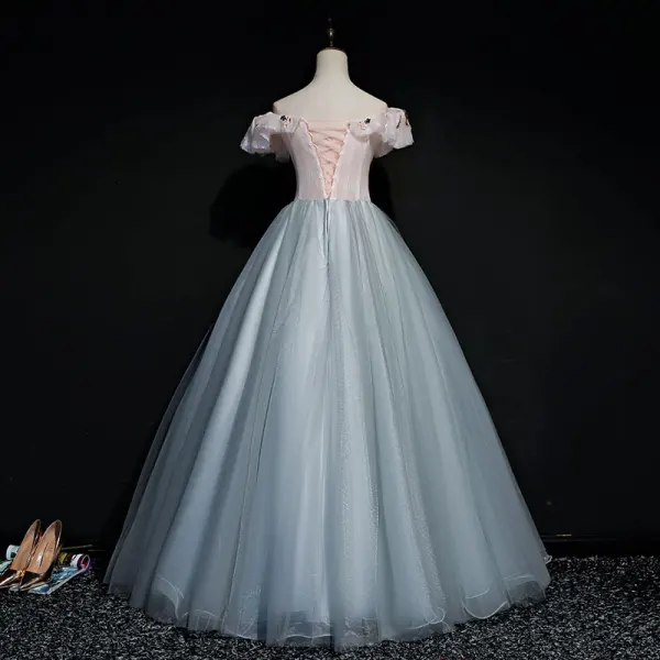 Modern / Fashion Pearl Pink Grey Prom Dresses 2019 Ball Gown Off-The-Shoulder Short Sleeve Appliques Lace Pearl Floor-Length / Long Ruffle Backless Formal Dresses