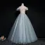 Modern / Fashion Pearl Pink Grey Prom Dresses 2019 Ball Gown Off-The-Shoulder Short Sleeve Appliques Lace Pearl Floor-Length / Long Ruffle Backless Formal Dresses
