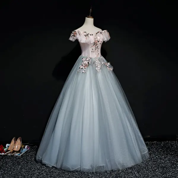 Modern / Fashion Pearl Pink Grey Prom Dresses 2019 Ball Gown Off-The-Shoulder Short Sleeve Appliques Lace Pearl Floor-Length / Long Ruffle Backless Formal Dresses