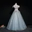 Modern / Fashion Pearl Pink Grey Prom Dresses 2019 Ball Gown Off-The-Shoulder Short Sleeve Appliques Lace Pearl Floor-Length / Long Ruffle Backless Formal Dresses
