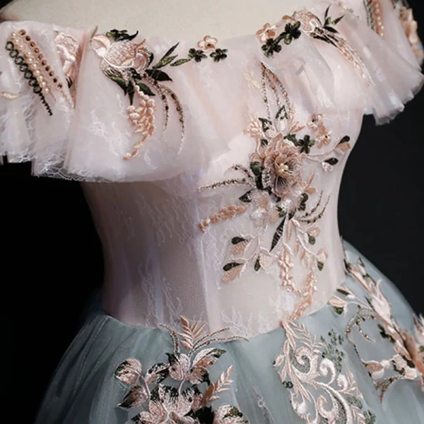 Modern / Fashion Pearl Pink Grey Prom Dresses 2019 Ball Gown Off-The-Shoulder Short Sleeve Appliques Lace Pearl Floor-Length / Long Ruffle Backless Formal Dresses