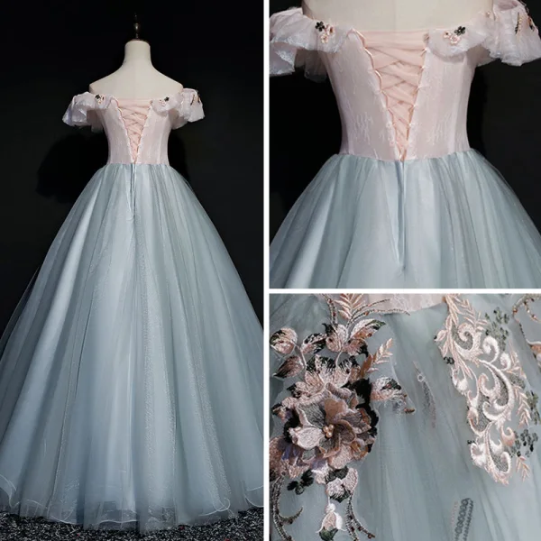 Modern / Fashion Pearl Pink Grey Prom Dresses 2019 Ball Gown Off-The-Shoulder Short Sleeve Appliques Lace Pearl Floor-Length / Long Ruffle Backless Formal Dresses