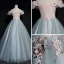 Modern / Fashion Pearl Pink Grey Prom Dresses 2019 Ball Gown Off-The-Shoulder Short Sleeve Appliques Lace Pearl Floor-Length / Long Ruffle Backless Formal Dresses
