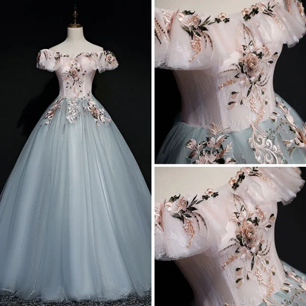 Modern / Fashion Pearl Pink Grey Prom Dresses 2019 Ball Gown Off-The-Shoulder Short Sleeve Appliques Lace Pearl Floor-Length / Long Ruffle Backless Formal Dresses