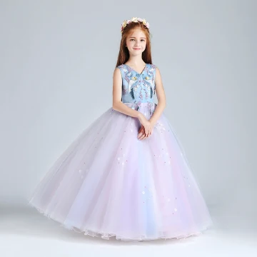 Chic Belle Rose Bonbon Bleu Ciel Robe Ceremonie Fille 2017 Robe Boule V Cou Sans Manches Brodé Appliques Fleur Perle Longue Volants Robe Pour Mariage