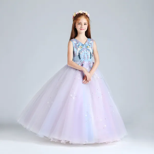 Chic / Beautiful Candy Pink Sky Blue Flower Girl Dresses 2017 Ball Gown V-Neck Sleeveless Embroidered Appliques Flower Pearl Floor-Length / Long Ruffle Wedding Party Dresses
