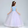 Chic / Beautiful Candy Pink Sky Blue Flower Girl Dresses 2017 Ball Gown V-Neck Sleeveless Embroidered Appliques Flower Pearl Floor-Length / Long Ruffle Wedding Party Dresses