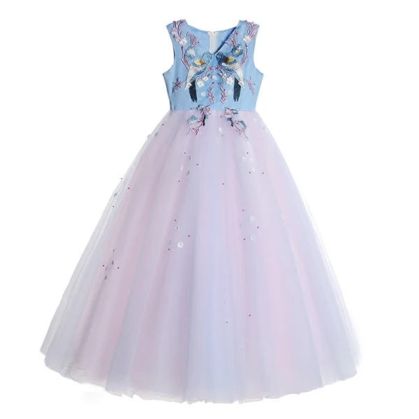 Chic / Beautiful Candy Pink Sky Blue Flower Girl Dresses 2017 Ball Gown V-Neck Sleeveless Embroidered Appliques Flower Pearl Floor-Length / Long Ruffle Wedding Party Dresses