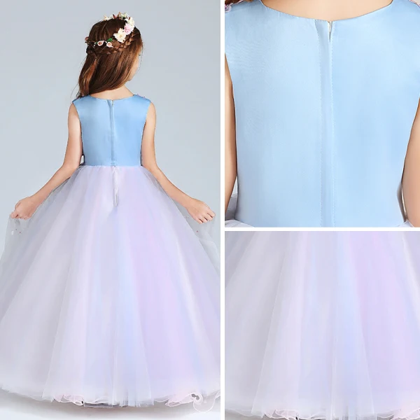 Chic / Beautiful Candy Pink Sky Blue Flower Girl Dresses 2017 Ball Gown V-Neck Sleeveless Embroidered Appliques Flower Pearl Floor-Length / Long Ruffle Wedding Party Dresses