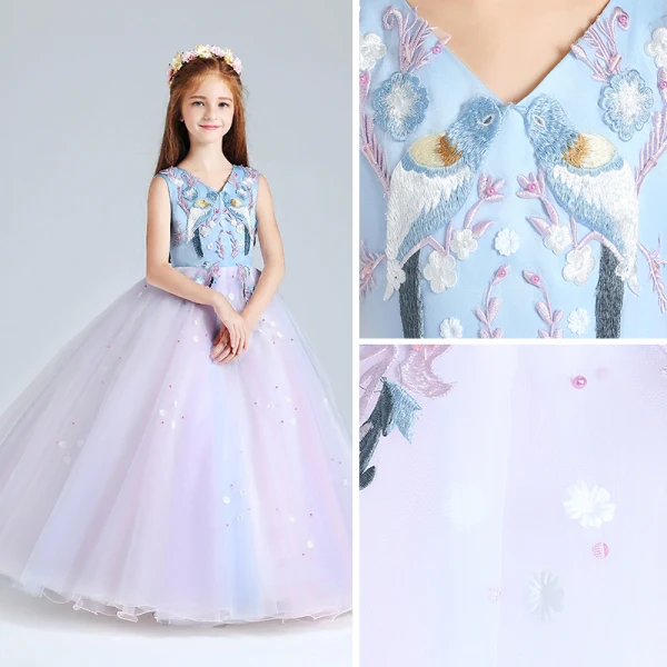 Chic / Beautiful Candy Pink Sky Blue Flower Girl Dresses 2017 Ball Gown V-Neck Sleeveless Embroidered Appliques Flower Pearl Floor-Length / Long Ruffle Wedding Party Dresses