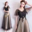 Modern / Fashion Black Champagne Prom Dresses 2019 A-Line / Princess V-Neck Short Sleeve Appliques Lace Beading Floor-Length / Long Ruffle Backless Formal Dresses