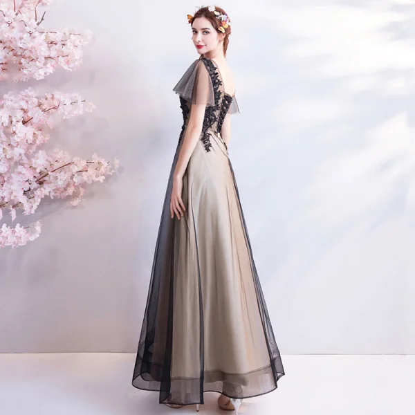 Modern / Fashion Black Champagne Prom Dresses 2019 A-Line / Princess V-Neck Short Sleeve Appliques Lace Beading Floor-Length / Long Ruffle Backless Formal Dresses