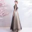 Modern / Fashion Black Champagne Prom Dresses 2019 A-Line / Princess V-Neck Short Sleeve Appliques Lace Beading Floor-Length / Long Ruffle Backless Formal Dresses