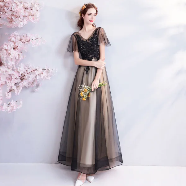Modern / Fashion Black Champagne Prom Dresses 2019 A-Line / Princess V-Neck Short Sleeve Appliques Lace Beading Floor-Length / Long Ruffle Backless Formal Dresses