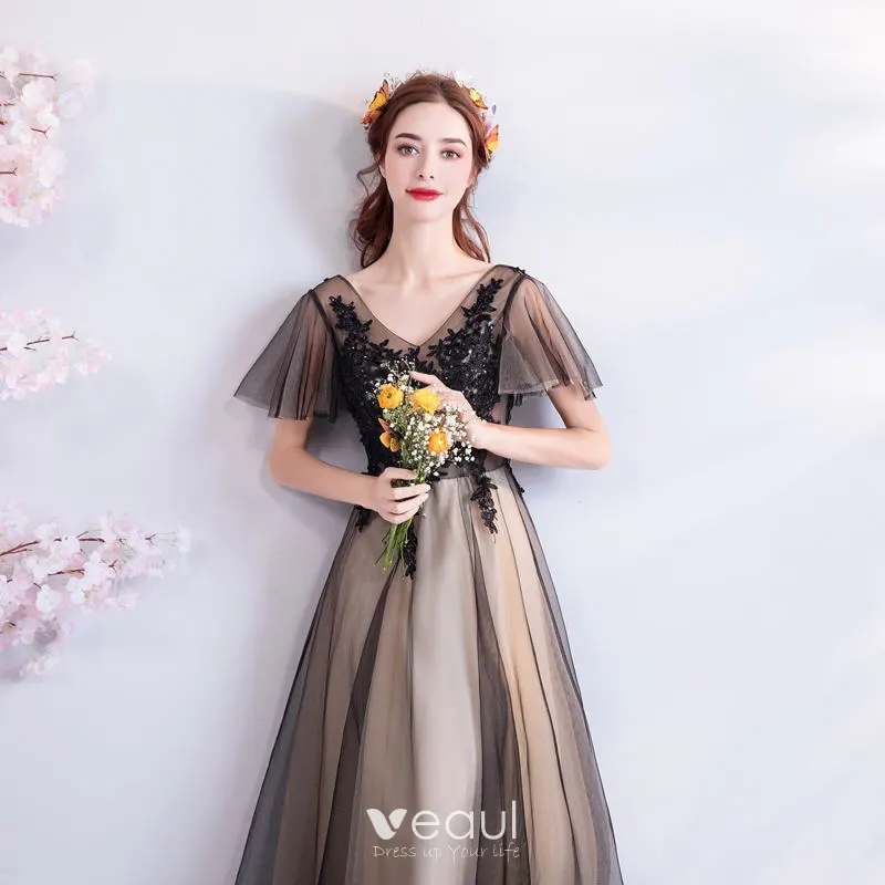 Modern Fashion Black Champagne Prom Dresses 2019 A Line Princess V Neck  Short Sleeve Appliques Lace Beading Floor Length Long Ruffle Backless Formal  Dresses