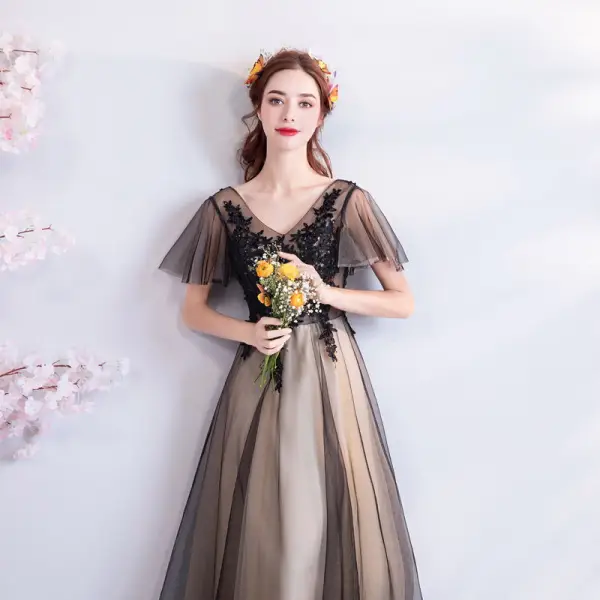 Modern / Fashion Black Champagne Prom Dresses 2019 A-Line / Princess V-Neck  Short Sleeve Appliques Lace Beading Floor-Length / Long Ruffle Backless Formal  Dresses